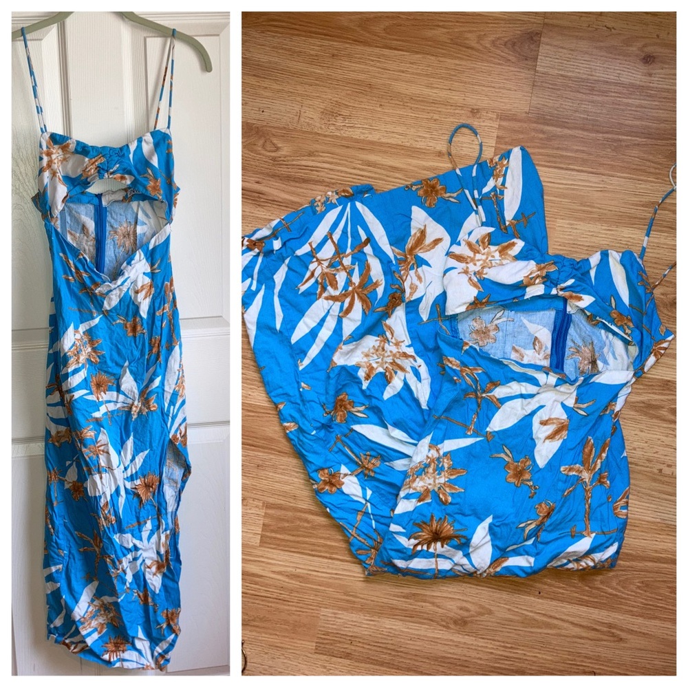 Zara Tropical Resort Wear Skinny Spaghetti Strap Cut Out Maxi Dress XS Blue Tan